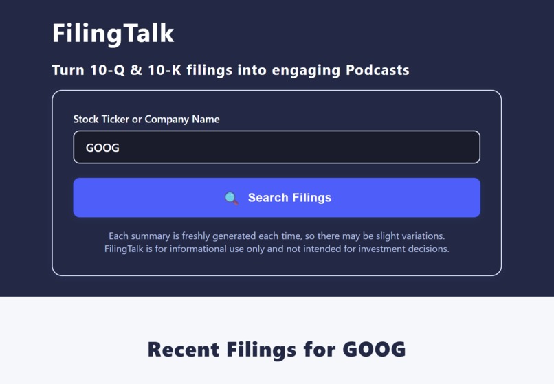 FilingTalk : Turn 10-Q & 10-K filings into engaging podcasts – screenshot 1