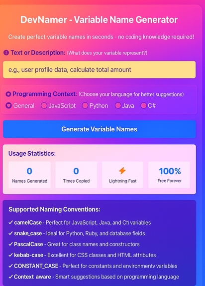 Dev Namer- Variable Name Generator  – screenshot 1
