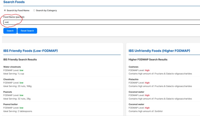 FODMAP Dietary Suggestion Tool – screenshot 2