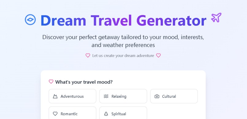 Dream Travel Generator App – screenshot 1