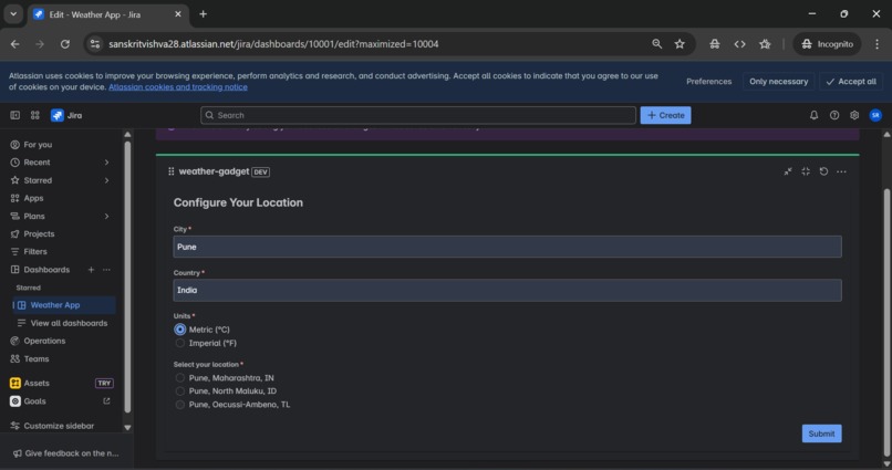 The Jira Weather Gadget App – screenshot 3