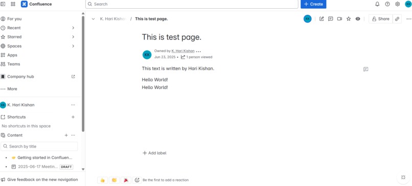 Hello User App for Confluence – screenshot 1