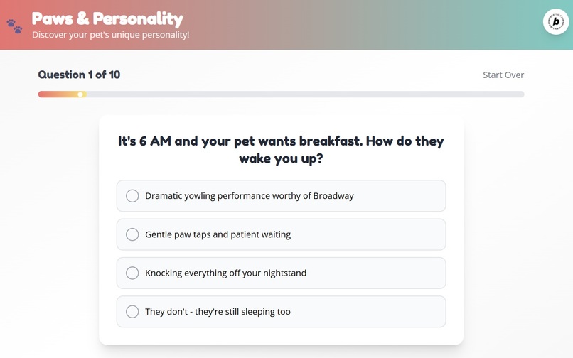 single prompt: Paws & Personality Quiz – screenshot 1