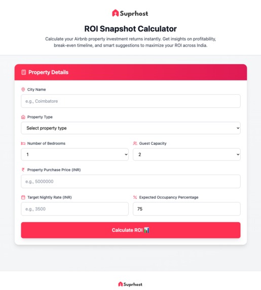 Suprhost ROI Snapshot – Airbnb Profit Calculator (India) – screenshot 1