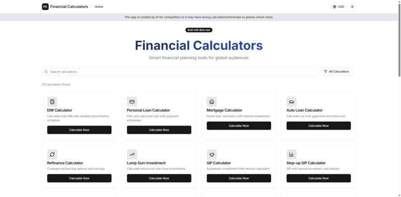 Financial Calculators (one-shot prompt challenge) – screenshot 1