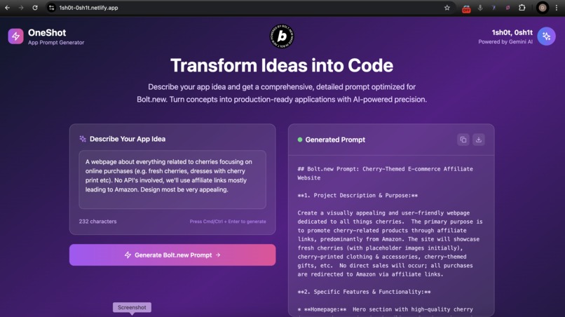 OneShot App Prompt Generator – screenshot 2