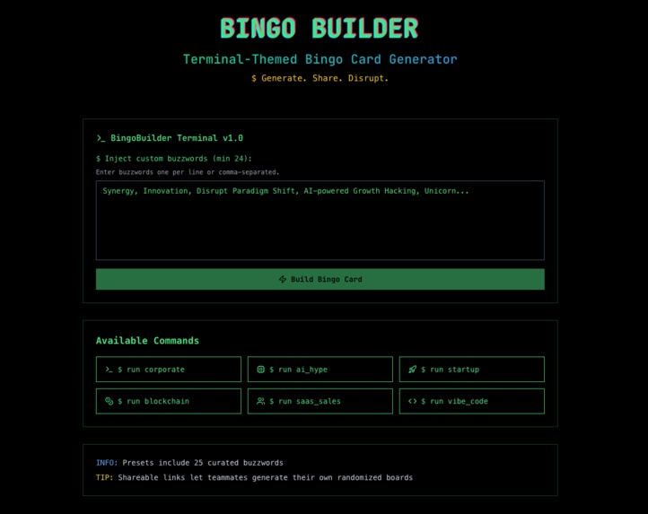 BingoBuilder.xyz – Terminal Style Bingo Card Generator – screenshot 1