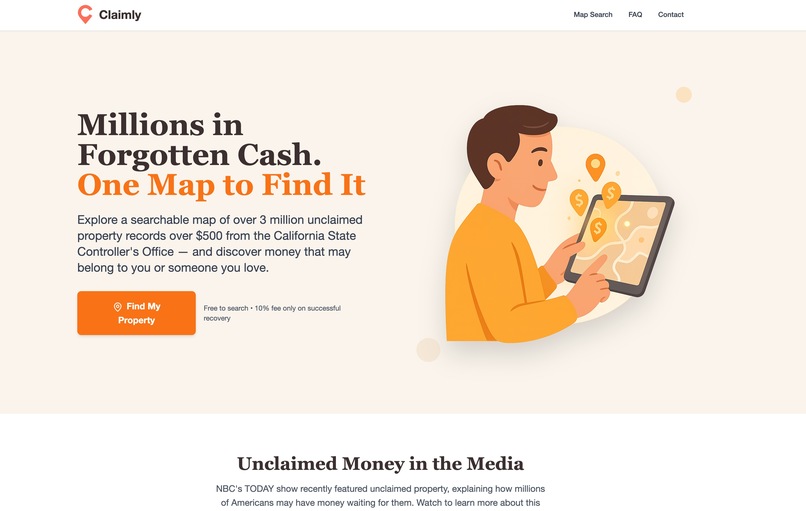 Claimly.com - Millions in Forgotten Cash. One Map to Find It – screenshot 1