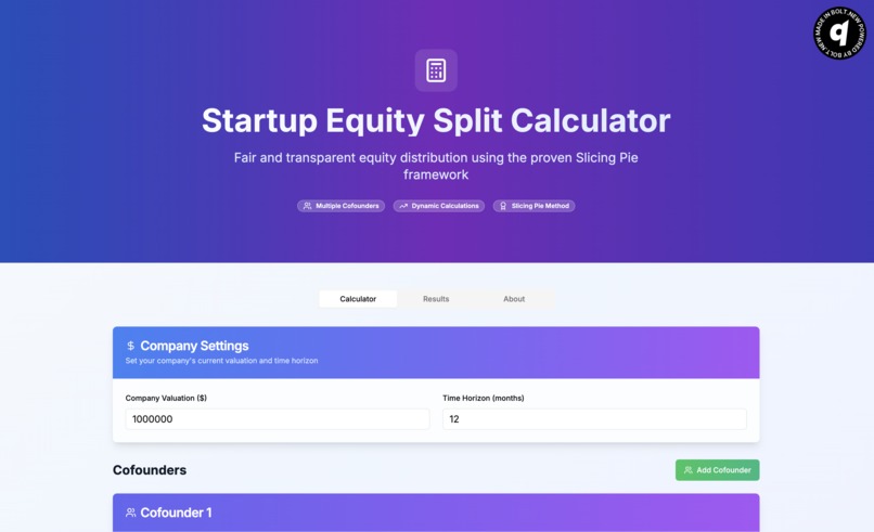 Startup Equity Split Calculator – screenshot 1