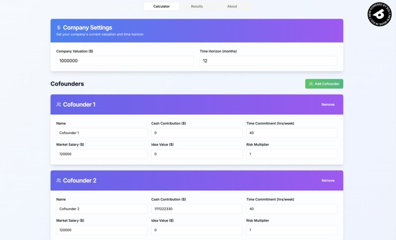 Startup Equity Split Calculator – screenshot 2