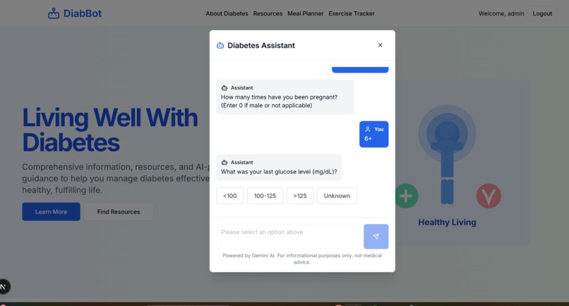 Diabetes risk prediction and management web chatbot – screenshot 3