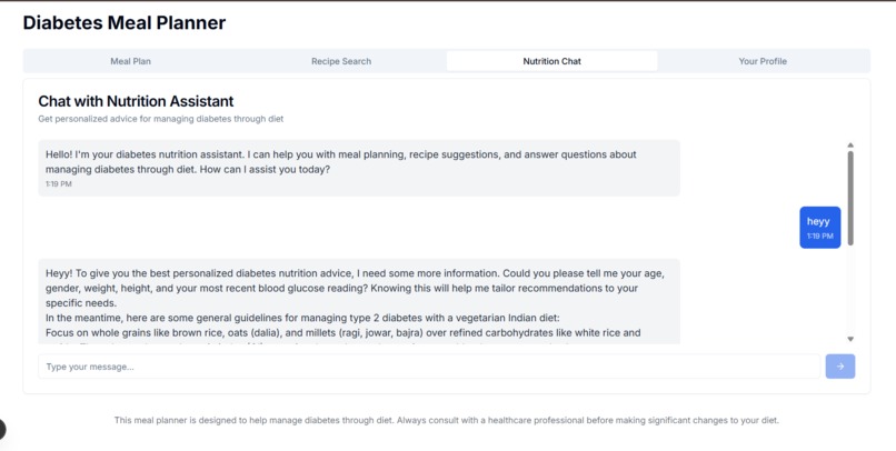 Diabetes risk prediction and management web chatbot – screenshot 2