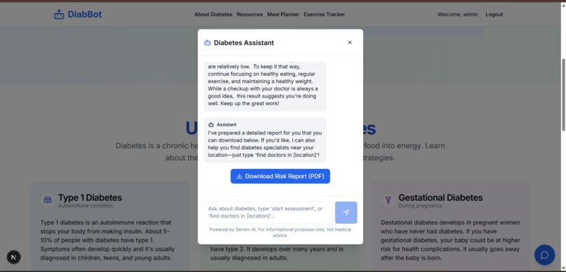 Diabetes risk prediction and management web chatbot – screenshot 4