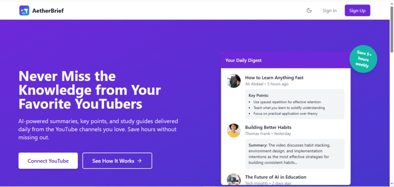 AetherBrief: Youtube Summary Platform – screenshot 1
