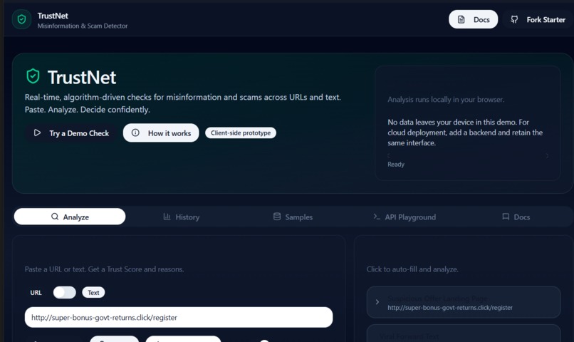 TrustNet: AI-Powered Fake News & Scam Detection Platform – screenshot 1