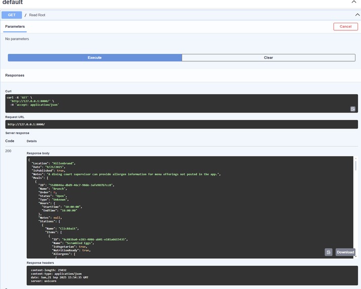Documented API wrapper for Purdue Dining Menus API – screenshot 1