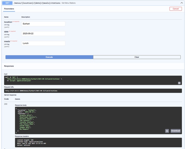Documented API wrapper for Purdue Dining Menus API – screenshot 2