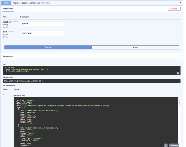 Documented API wrapper for Purdue Dining Menus API – screenshot 3