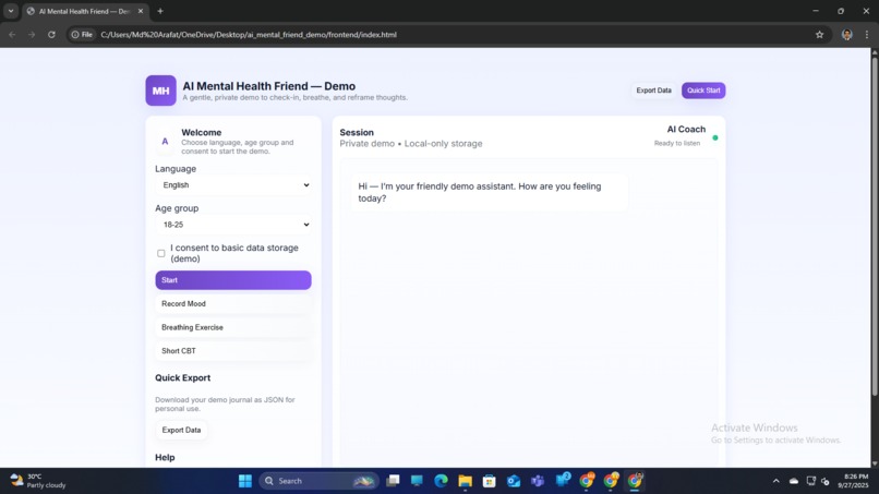 AI Mental Health Friend Demo – screenshot 1