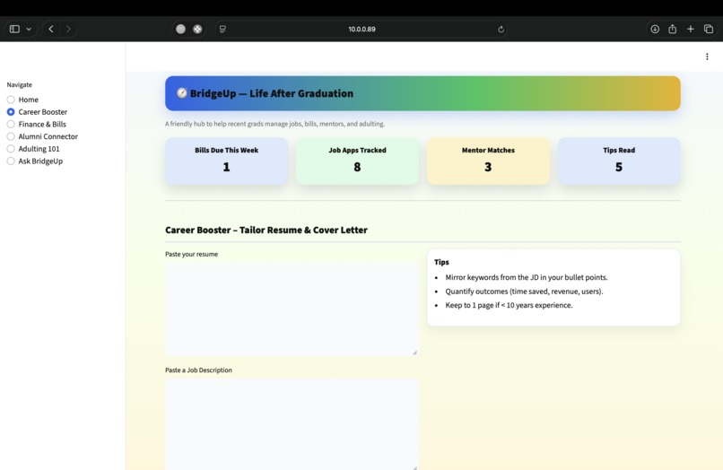 BridgeUp – Life After Graduation Dashboard – screenshot 2