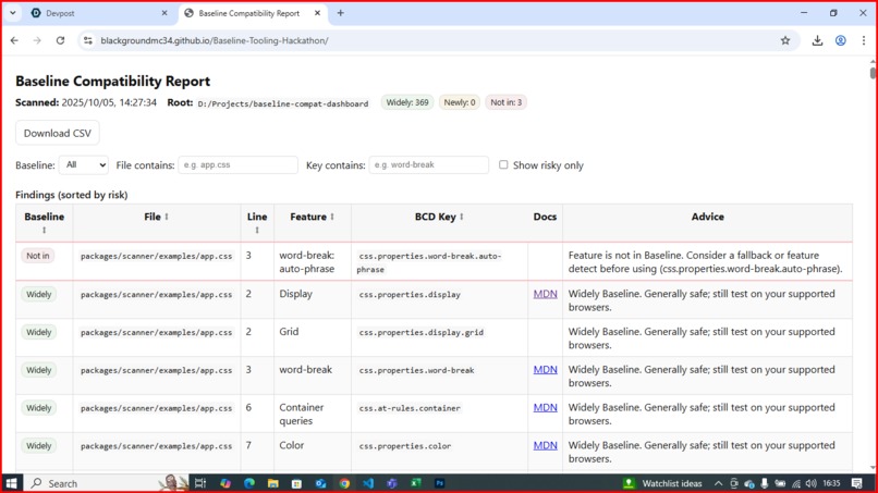 Baseline Compatibility Dashboard – screenshot 1