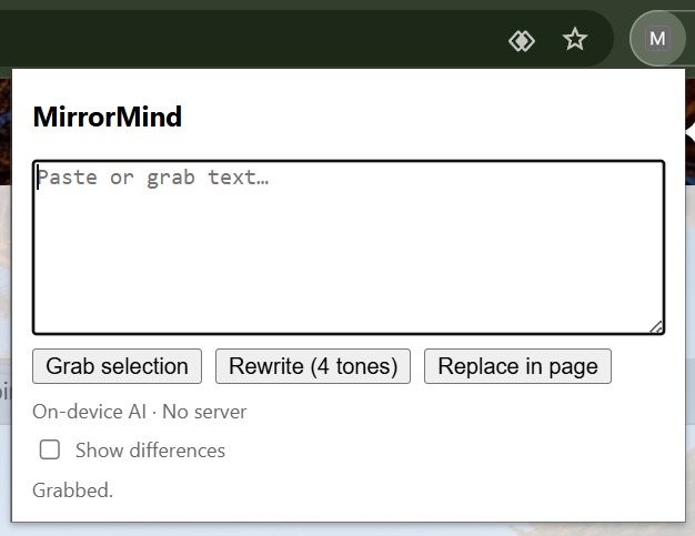 MirrorMind - On-device tone rewriter for Chrome – screenshot 1