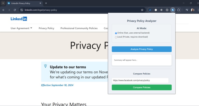 Privacy Policy Analyzer – Chrome Extension – screenshot 1