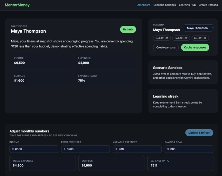 MentorMoney – AI Financial Wellness Coach (FinTech track) – screenshot 1