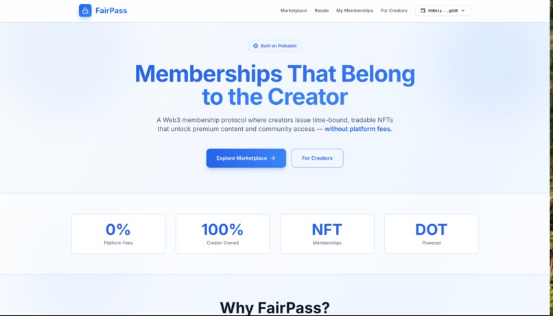 FairPass - Zero-Fee Creator Memberships on Polkadot – screenshot 1