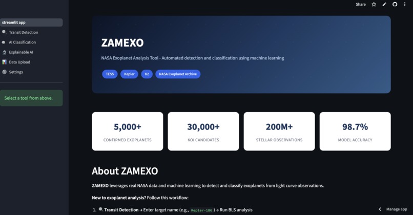 ZAMEXO: NASA Exoplanet Analysis Tool – screenshot 1