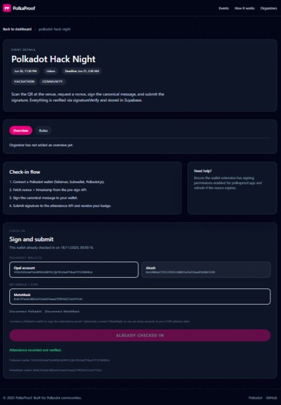 PolkaProof – Web2-to-Web3 Attendance dApp – screenshot 2