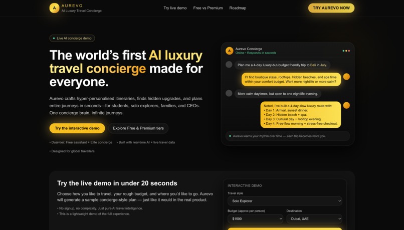 AUREVO — The World's First AI Luxury Travel Concierge – screenshot 1