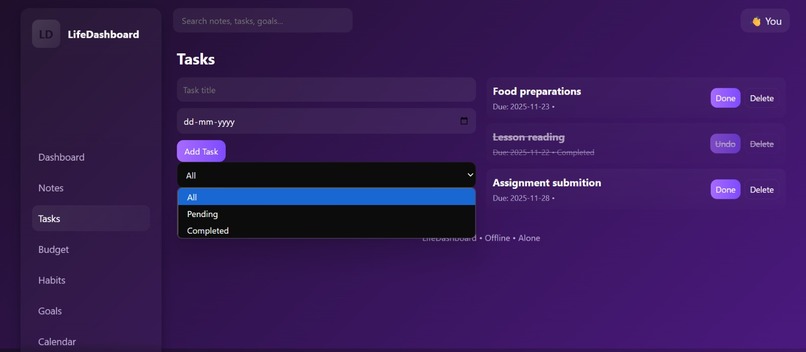 Lifedashboard  – screenshot 3