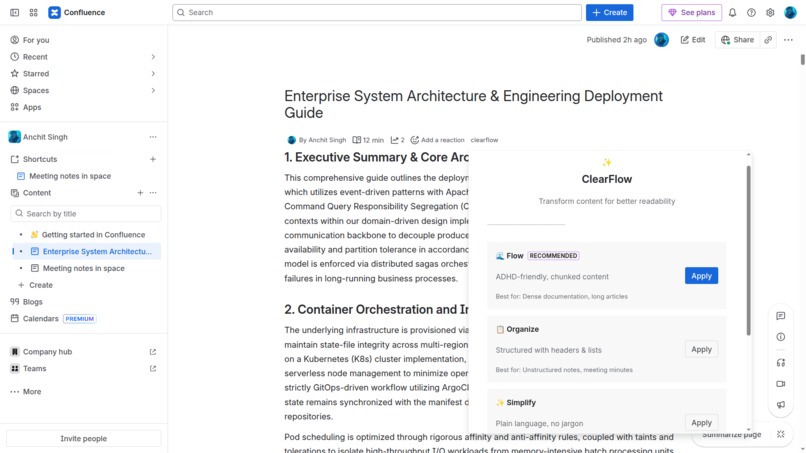 ClearFlow: AI-Powered Cognitive Accessibility for Confluence – screenshot 1