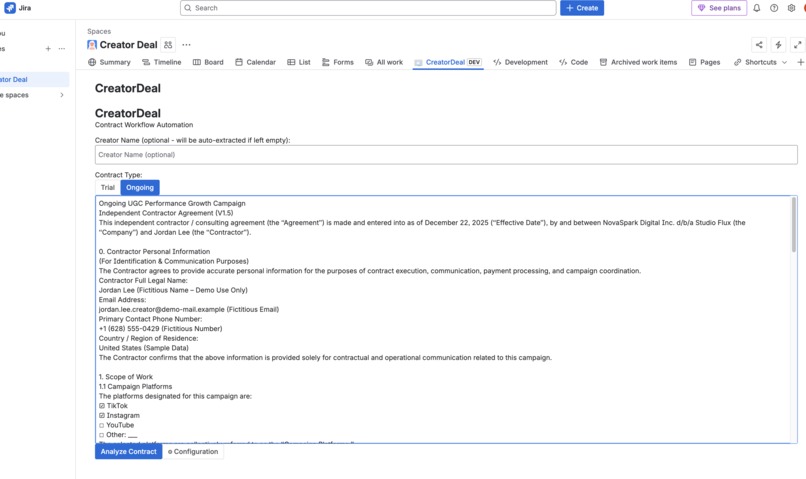 Creator Deal: Managing Creator Contracts at Scale in Jira – screenshot 1