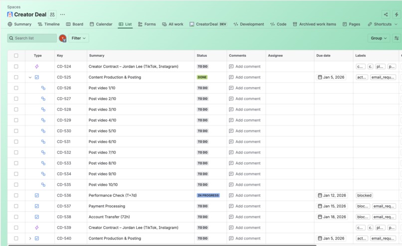 Creator Deal: Managing Creator Contracts at Scale in Jira – screenshot 3