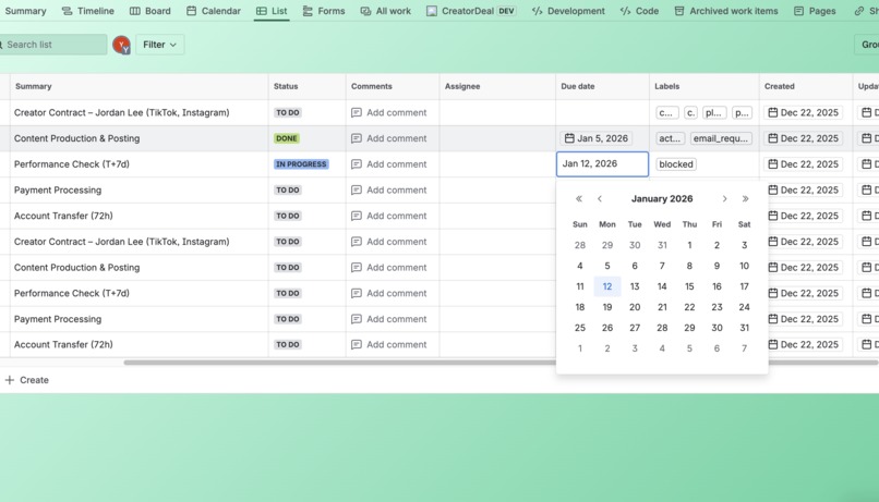 Creator Deal: Managing Creator Contracts at Scale in Jira – screenshot 4