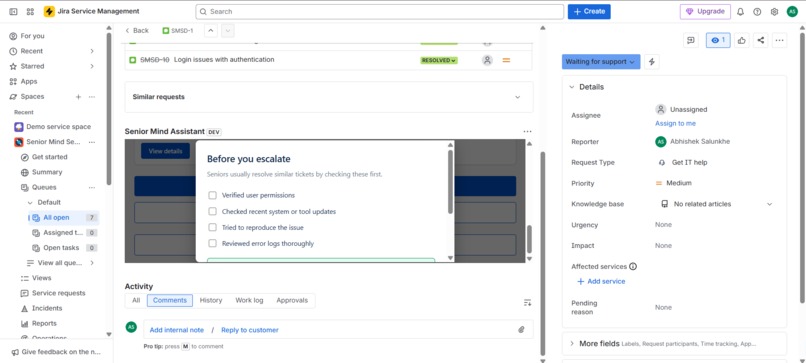 Senior Mind - AI-Powered Coaching for JSM Support Agents – screenshot 1