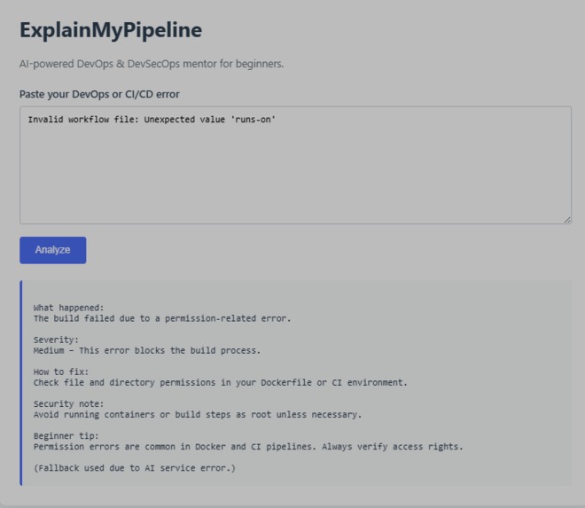 ExplainMyPipeline – AI DevSecOps Guide for Beginners – screenshot 1