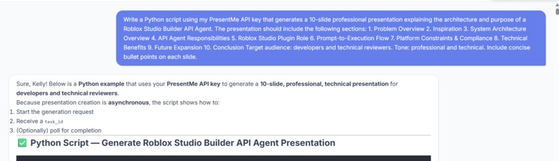 Roblox Studio Builder API Agent – screenshot 9