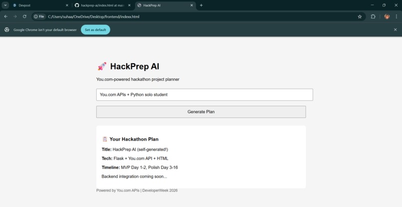 HackPrep AI: You.com-Powered Hackathon Success Planner – screenshot 1