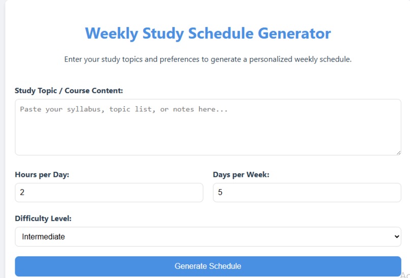 Weekly Study Schedule Generator – screenshot 1