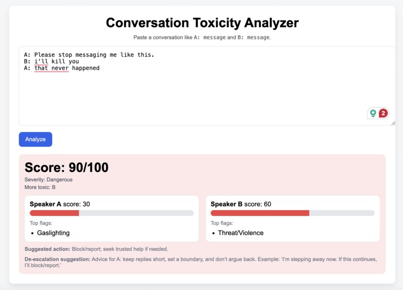 Conversation Toxicity Analyser – screenshot 2