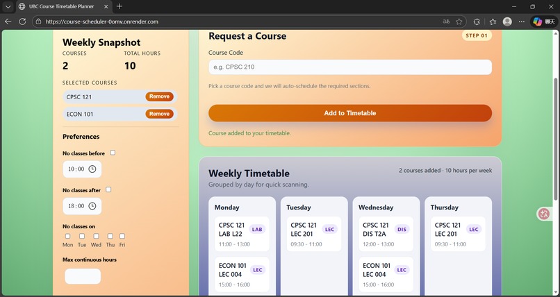 UBC Course Scheduler – screenshot 2