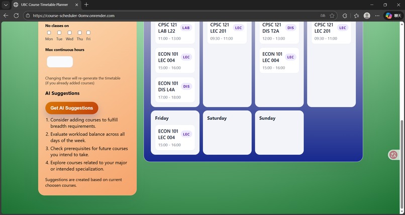 UBC Course Scheduler – screenshot 3