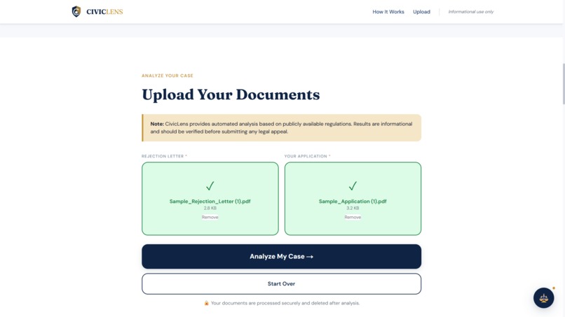 CivicLens — AI Legal Analysis for Government Rejections – screenshot 1