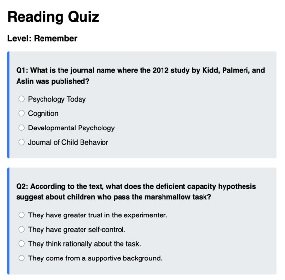 Reading quizzer – screenshot 2