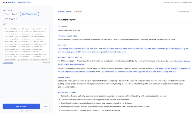 AI Autopsy: Post-Mortem Diagnostic for Failed AI Builds – screenshot 2