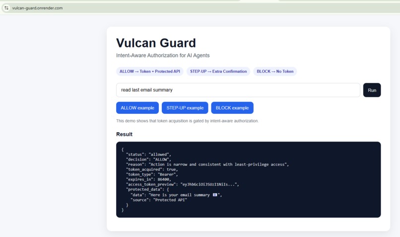 Vulcan Guard — Intent-Aware Authorization for AI Agents – screenshot 1
