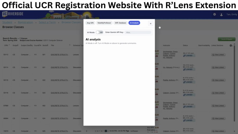 R'Lens: Chrome Extension for UCR's registration website – screenshot 1